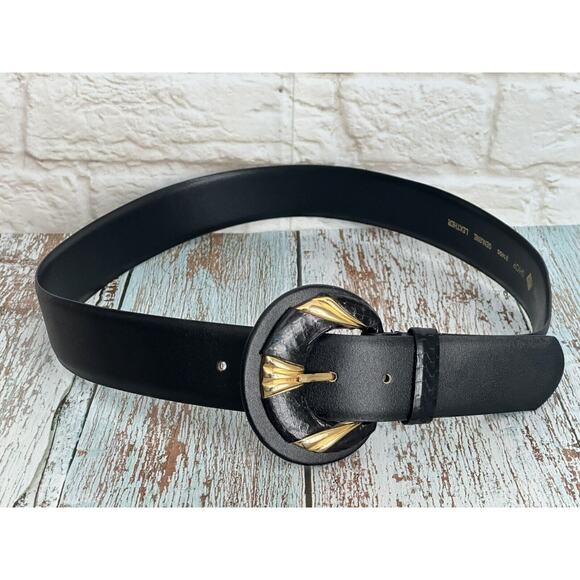 Women's Vintage 1980 Black and Gold Tone Accent Buckle Belt L - Picture 6 of 14